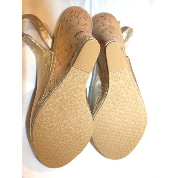 Lilly Pulitzer Krisie Wedge sandals Metallic Gold Leather 10 Slingback Peep Toe - Picture 6 of 8